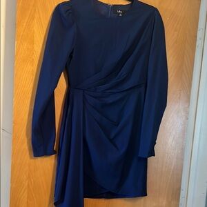 Lulu's Blue Asymmetrical Ruched Long Sleeve Cocktail Dress